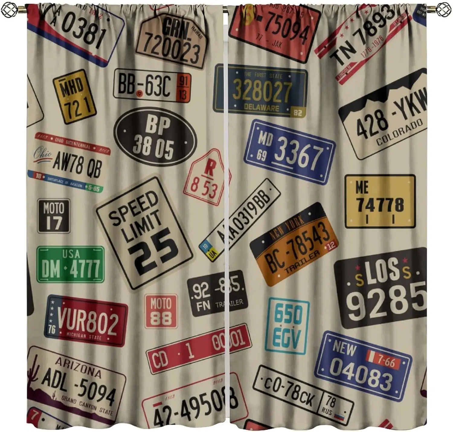 Vintage US License Plate Pattern Window Curtains, Retro Car License Plate Print Drapes, Decorative Window Treatments for Bedroom