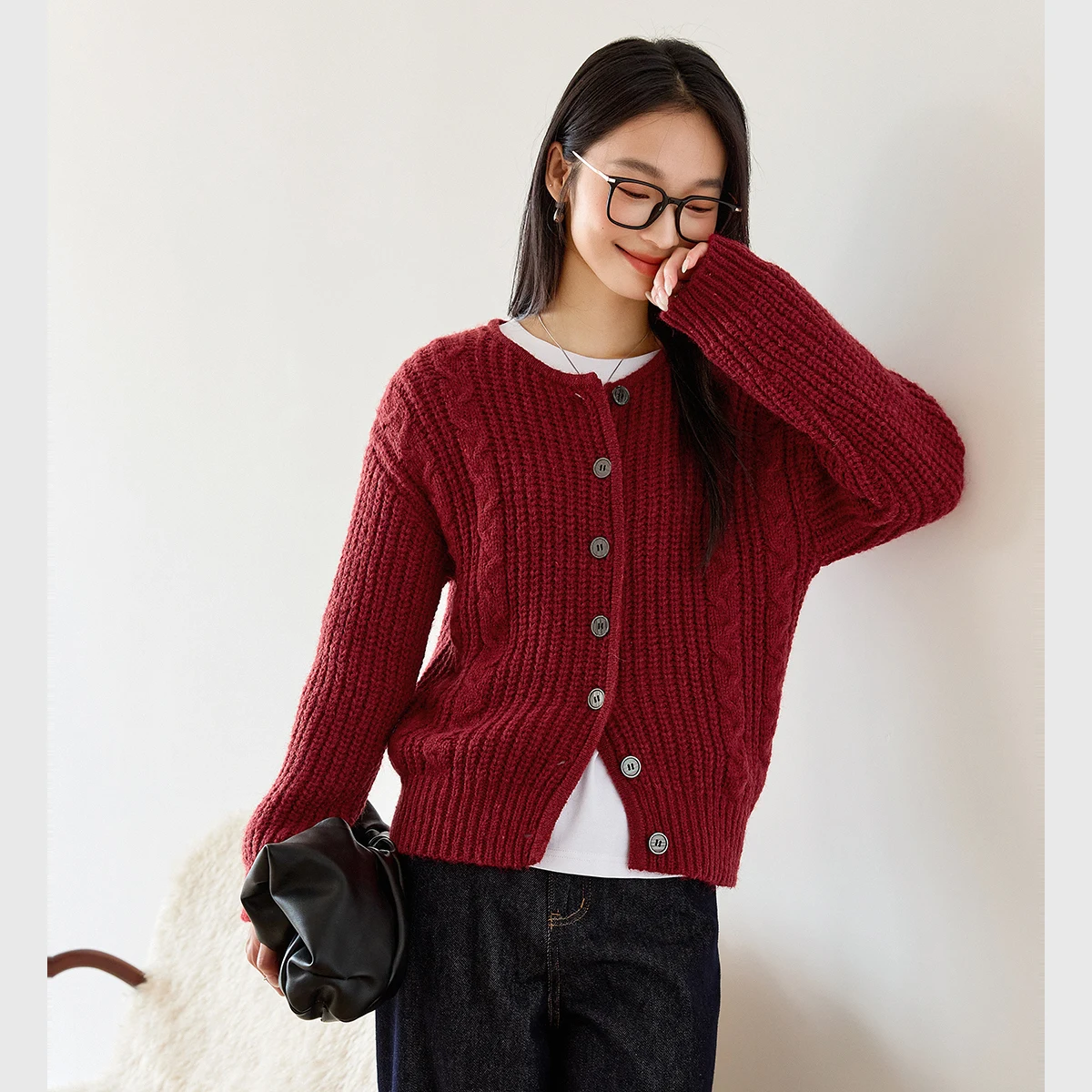 VIMLY Cardigan rosso donna Casual 2025 inverno girocollo lavorato a maglia all'uncinetto maglioni femminili cavo retrò maglioni larghi da donna 73658