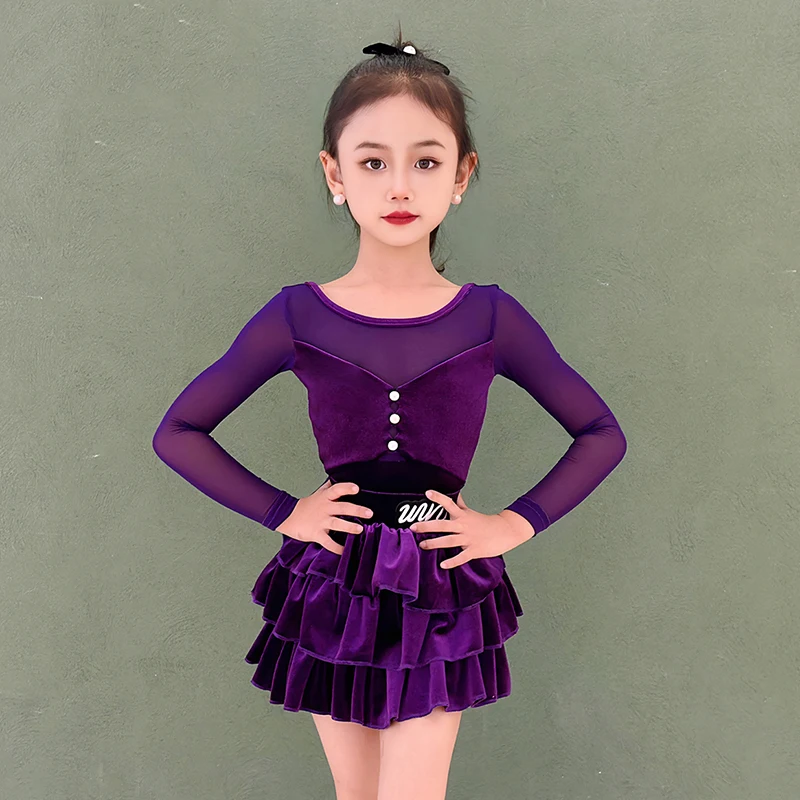여자를위한 새로운 보라색 라틴 댄스 슈트 경쟁 성능 의류 긴 소매 바디 슈트 케이크 스커트 라틴 댄스웨어 VDL4297