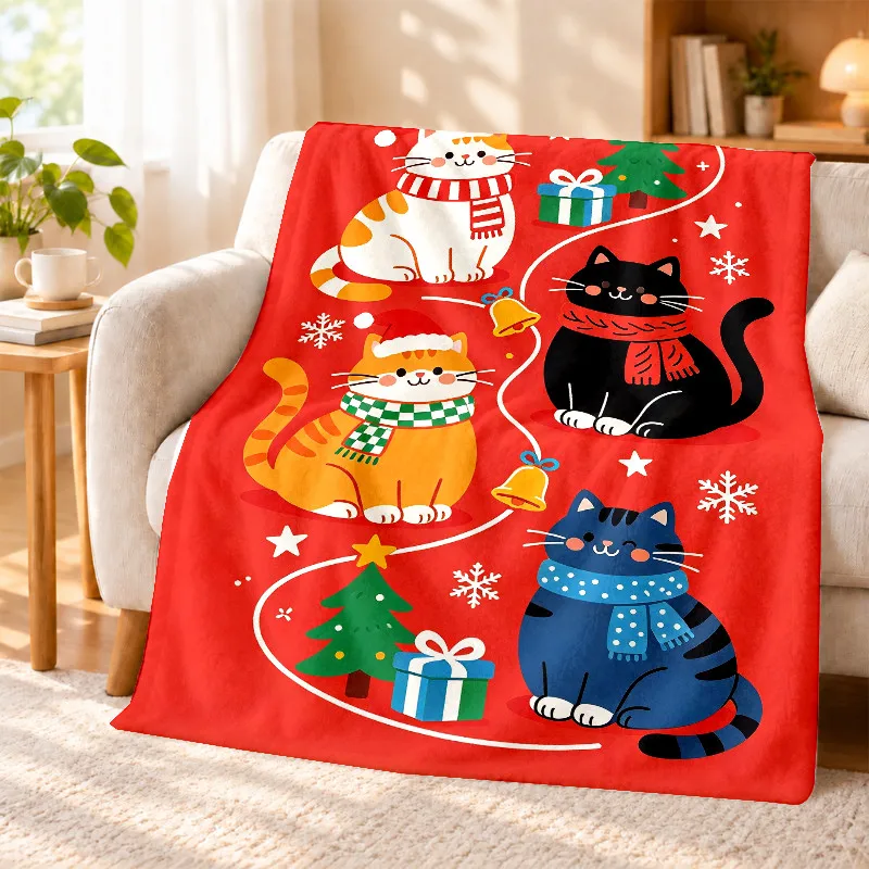 Holiday Xmas Cat Throw Blanket Xmas Tree Bell Gift Snowflake Red Base Soft Flannel for Party Camping Sofa Lap Holiday Home Decor