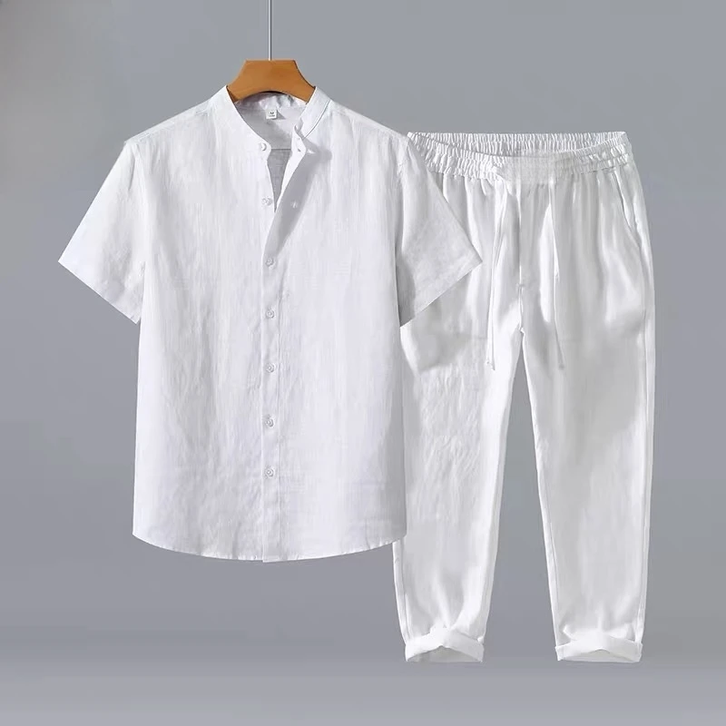 Men's Linen Short Sleeve Shirt Casual Loose Fit Summer Breathable Thin Set with Long Pants Two-Piece Suit Comfortable Cotton ...