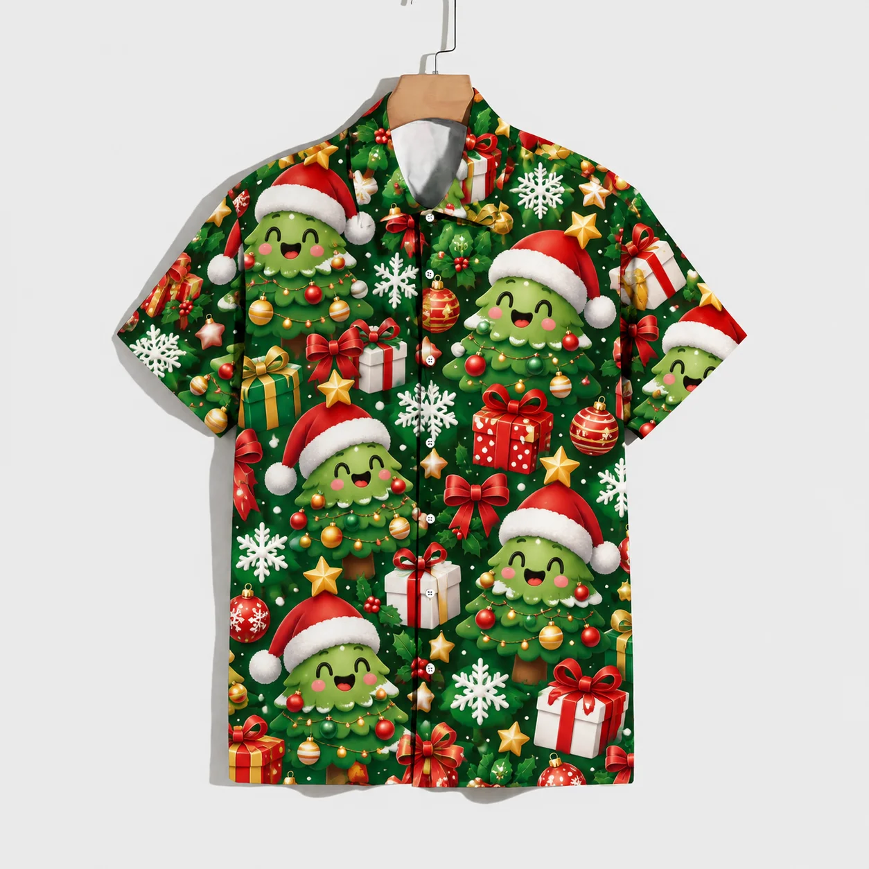 Funny Christmas Men's Shirts 3D Digital Print Santa Tree Gift Box Snowflake Short Sleeve Hawaiian Shirt Holiday Party Fashion