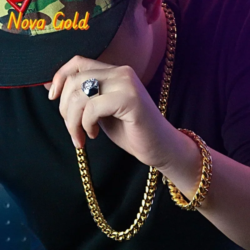 

NovaGlod Luxury 24K 9999 Pure Gold real gold Hip Hop Men's Cuban Chain Set Necklace Bracelet