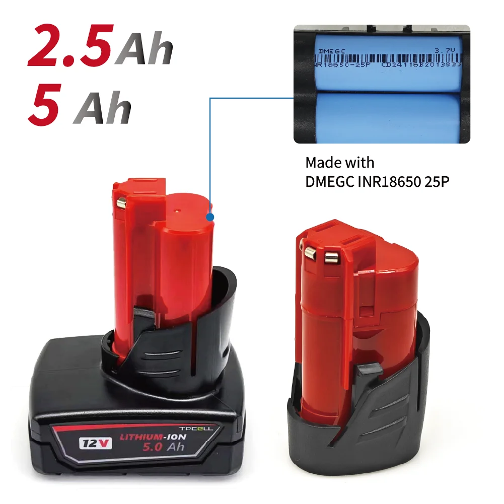 TPCELL 12V for Milwaukee M12 Rechargeable Battery 2.5Ah/5Ah/6Ah XC Cordless Tools 48-11-2402 48-11-2411 Batteries 48-11-2401