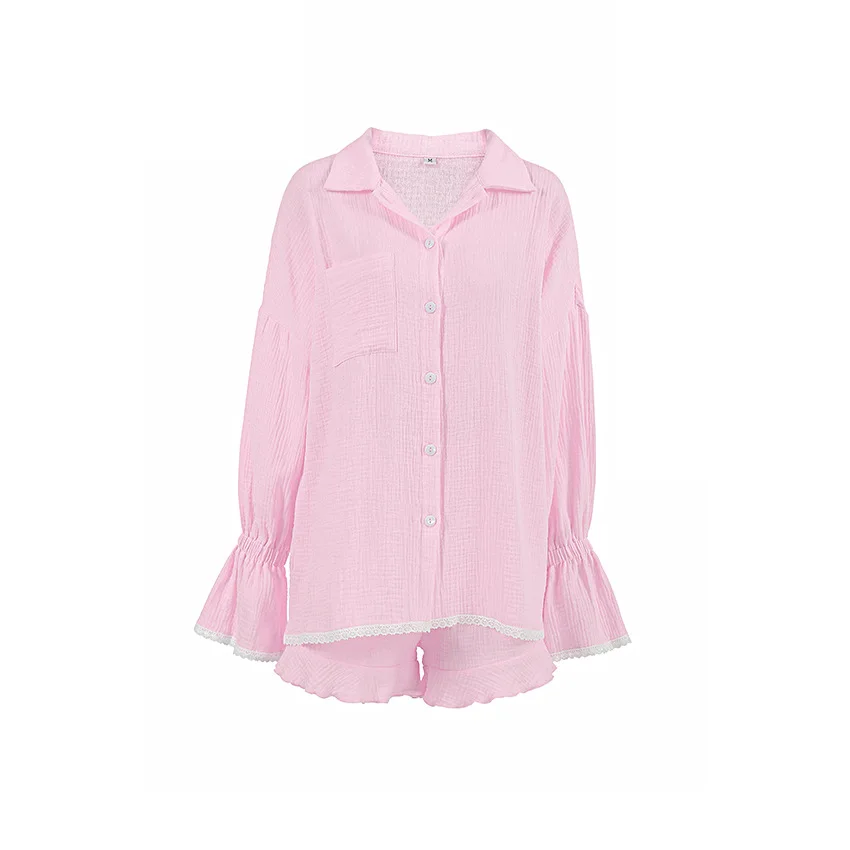 Casual Crape Cotton Pink Two Pieces Sets Women Lace Lantern Sleeve Shirts And Baggy Shorts Sleepwear Spring Summer