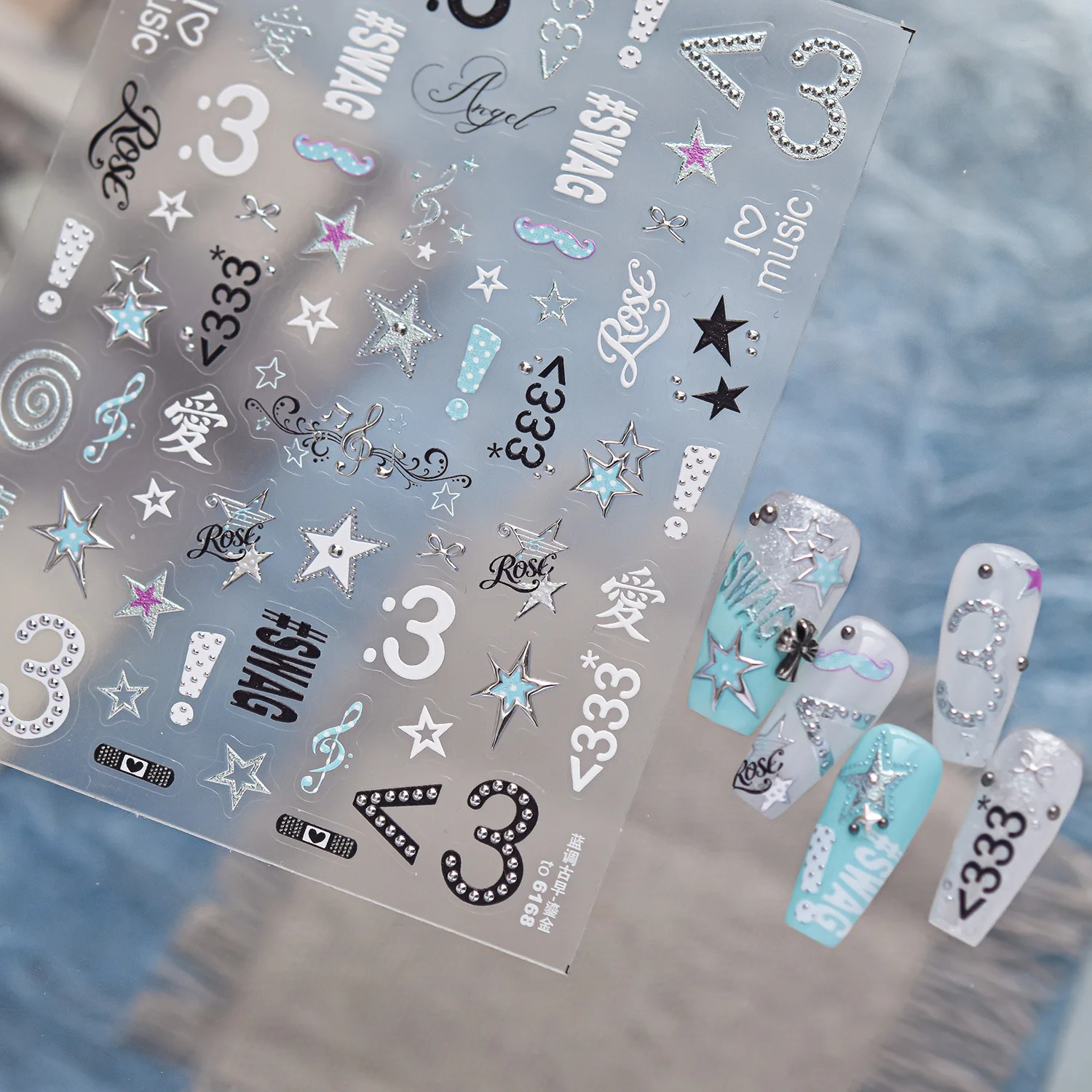Blue Exclamation Mark Silver Edge Musical Note Star Number Y2K Word Band Bowknot Adhesive Nail Charms Art Sticker Manicure Decal