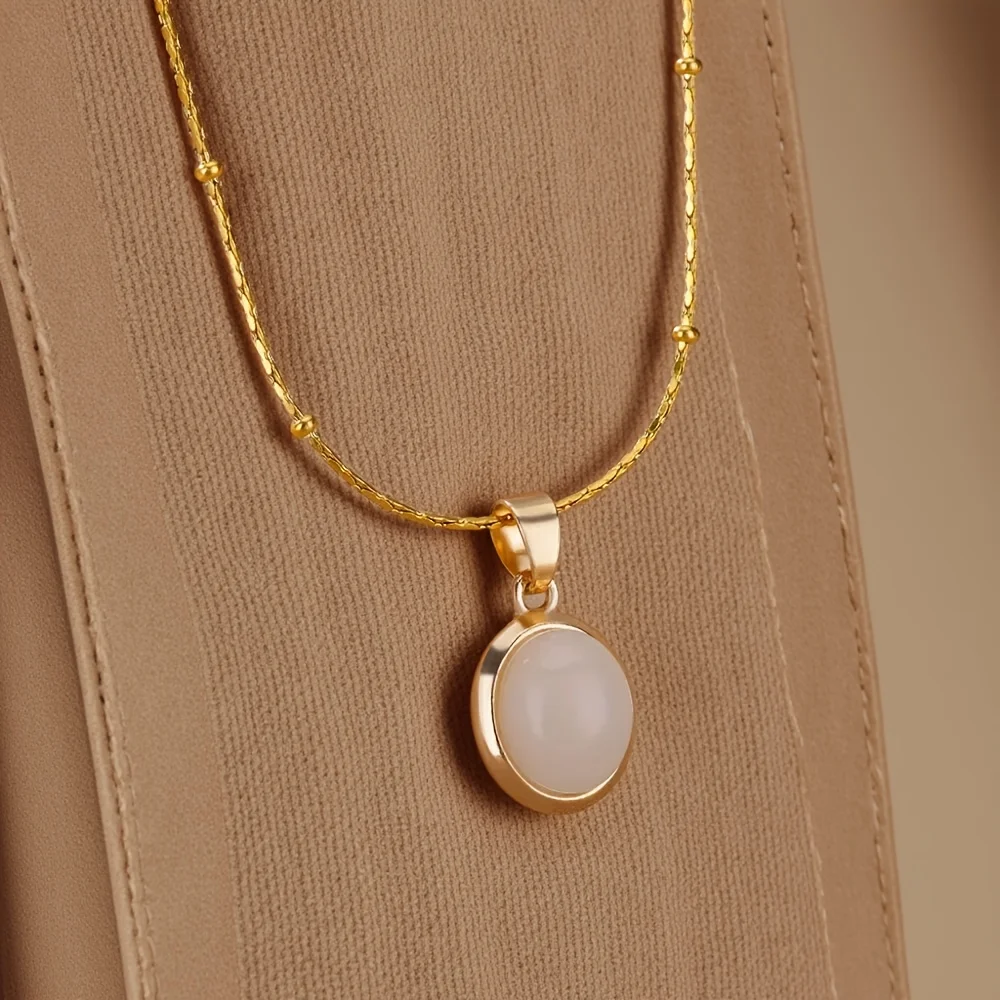 Fashion Stone Opal Oval Necklace For Women Stainless Steel Gold Color Green Stone Pendant Necklace Wedding Aesthetic Jewelry Gif image 5