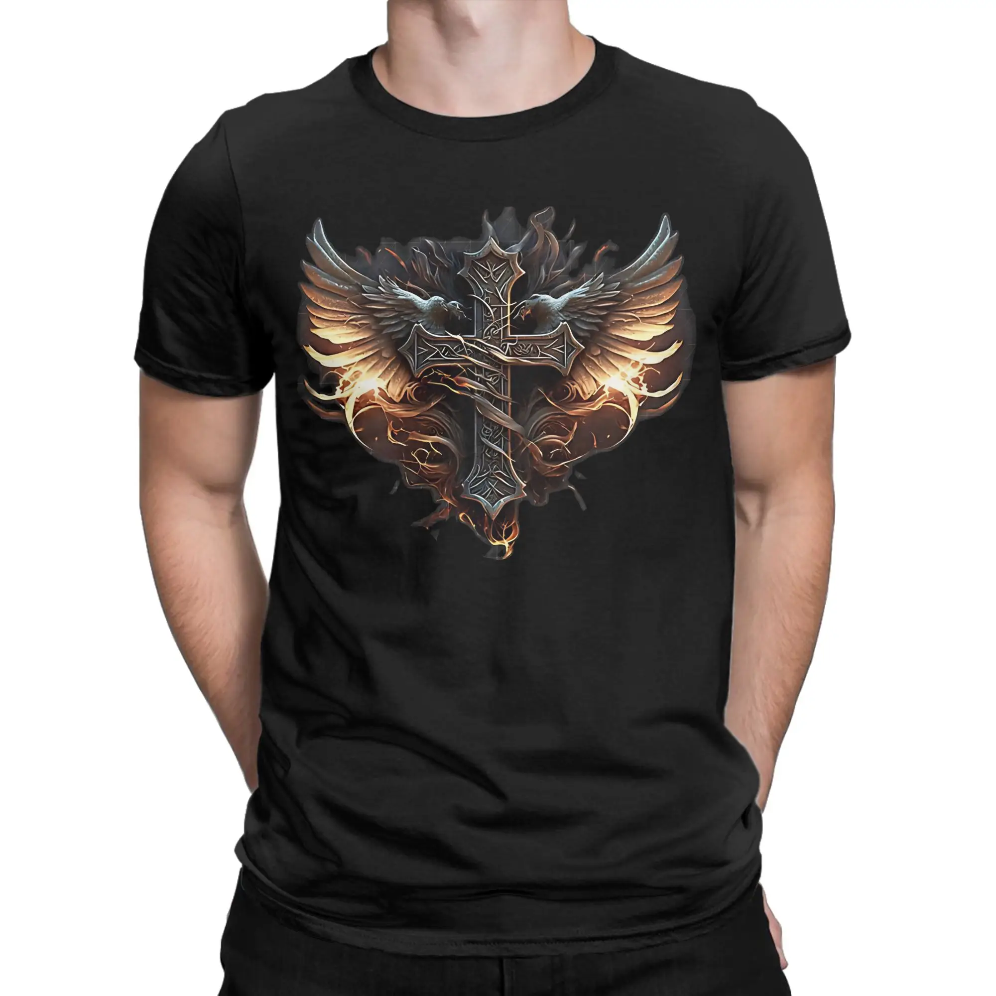 Men Faith Over Fear Fiery Eagle Wings Ornate Cross T-Shirts Angel Wings Cross Christian Cotton Tops Short Sleeves T-Shirt
