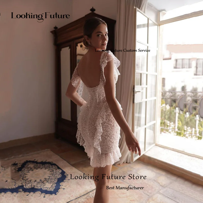 فستان زفاف قصير مطرز بالخرز اللامع الحديث بدون أكتاف مثير بدون حمالات بدون ظهر فستان عروس صغير مخصص #2