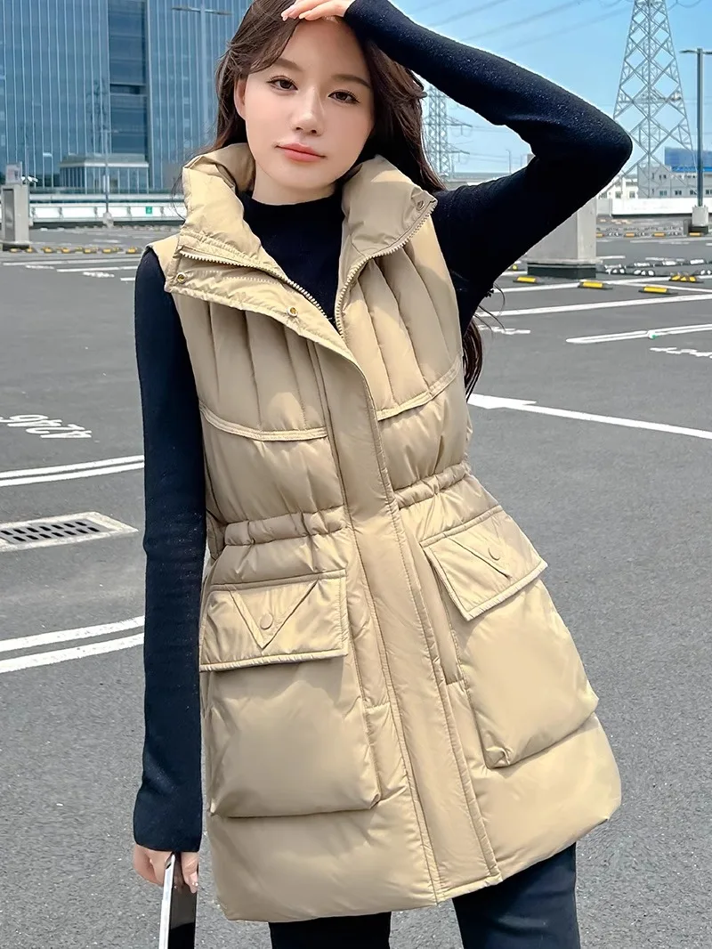 

Женский хлопковый жилет, новинка 2025, корейская осенне-зимняя верхняя одежда, средней длины, с капюшоном, из полиэфирного волокна