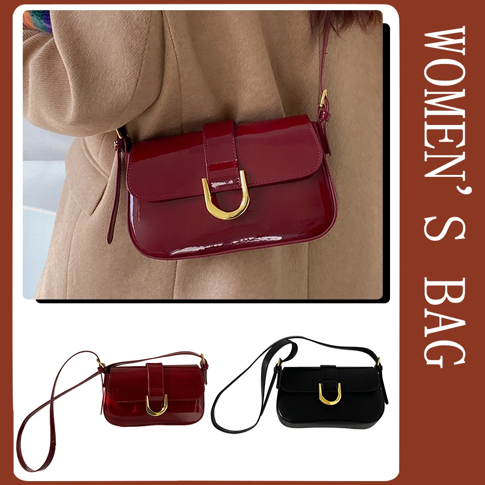 Retro Patent Leather Shoulder Bag For Women Flap Satchel Bag With Adjustable Strap Solid Color Armpit Bag Crossbody Sling Bag