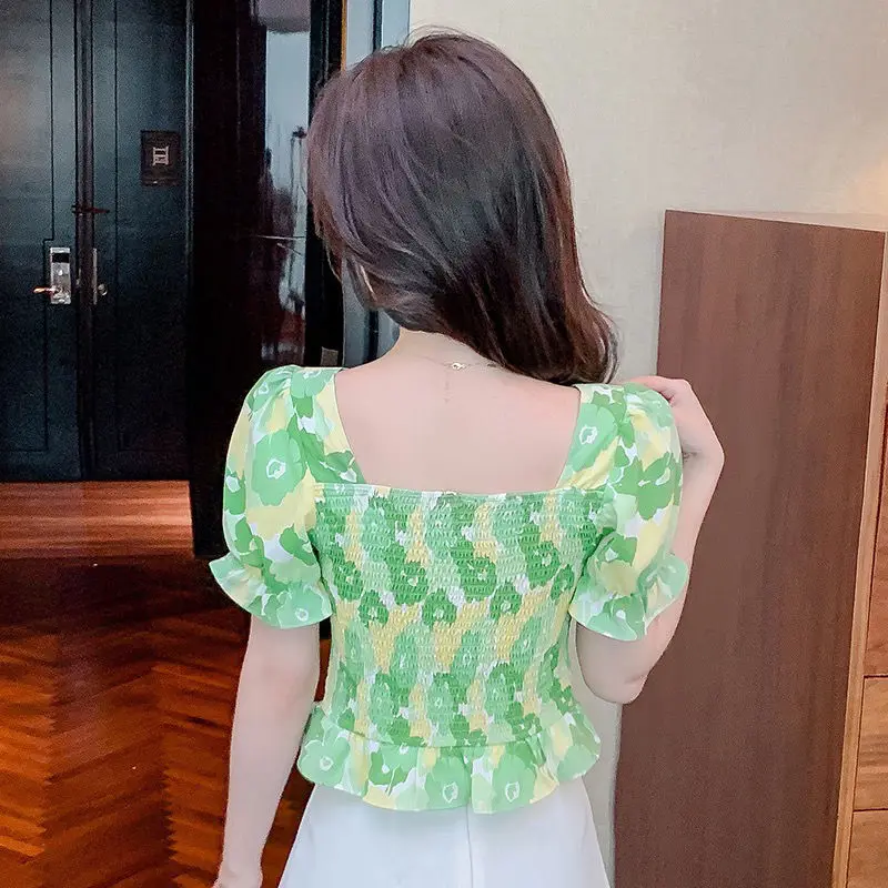 Zoet bedrukt shirt met korte mouwen voor dames Nieuwe trendy bubble-top met korte mouwen en een jeugdig en chic cropped ontwerp