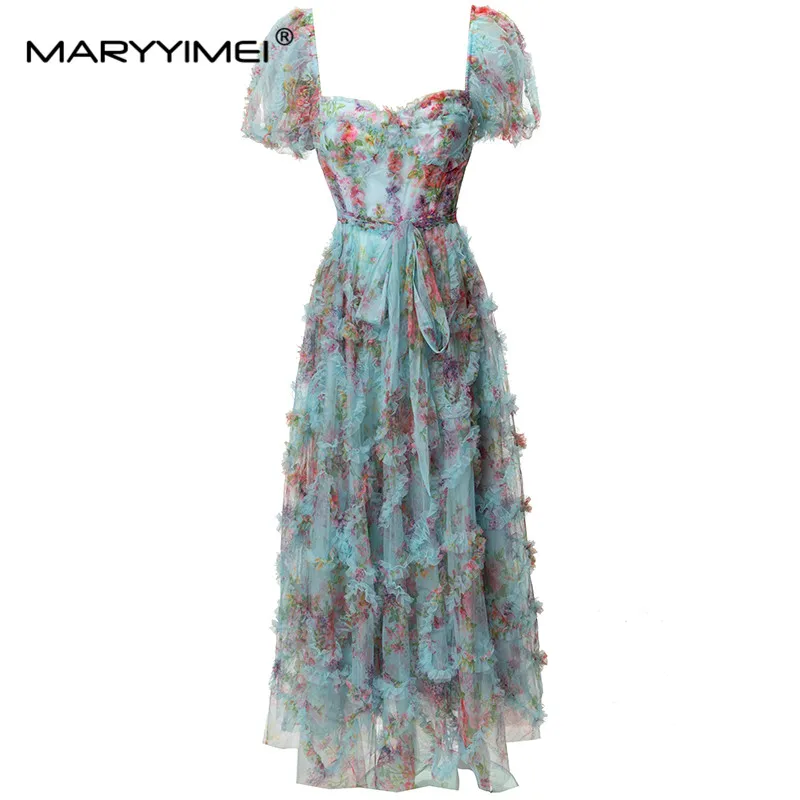 

MARYYIMEI Fashion Designer spring Summer Women's Square-neck Short Sleeve Backless Mesh Ruffled Printed Lace-UP Holiday Dresses