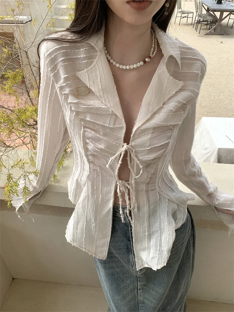 CHEERART Bandage Chiffon Long Sleeve Shirts & Blouses Designer Top For Women 2023 Collar Shirt Fashion Trendingclothes