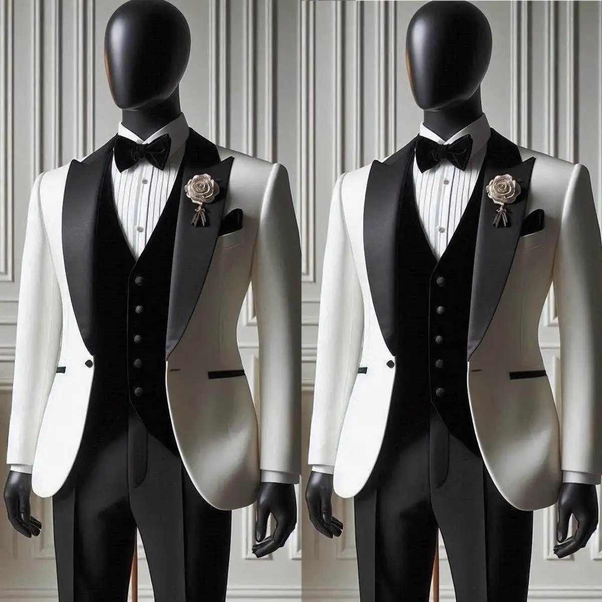 

White Groom Tuxedos Slim Fit Black Peaked Lapel Wedding Blazer Wear Formal Prom Birthday Party Pants Suits Custom Made 3 Pieces