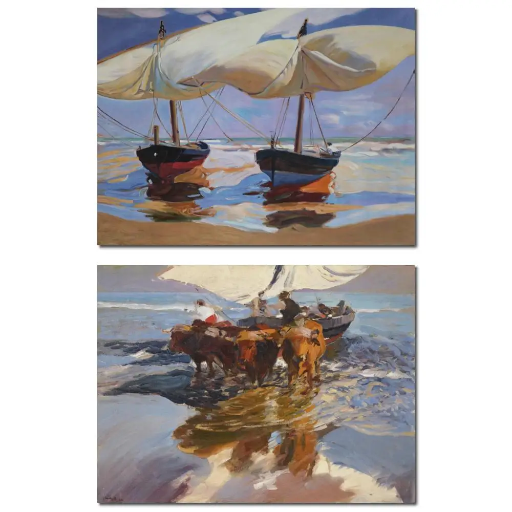 قوارب الشاطئ كبيرة جدًا زيت النور على القماش Joaquin Sorolla Y Bastida عمل فني مرسومة يدويًا لديكور الحانة