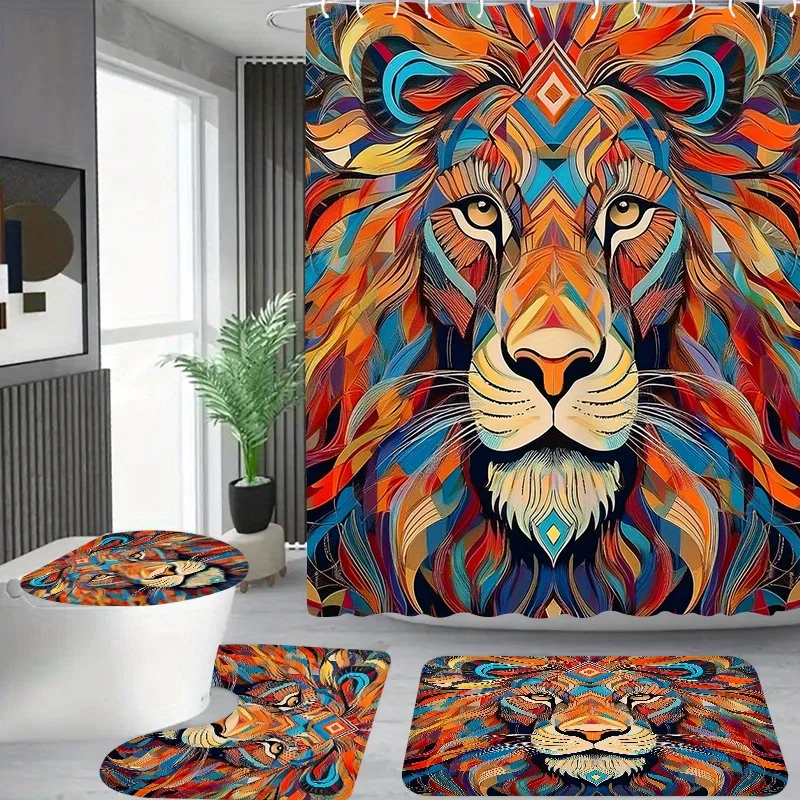 

4 шт., набор занавесок для душа с красочным геометрическим узором льва — занавеска для душа с 12 крючками, нескользящий коврик для ванной, U-образный для унитаза