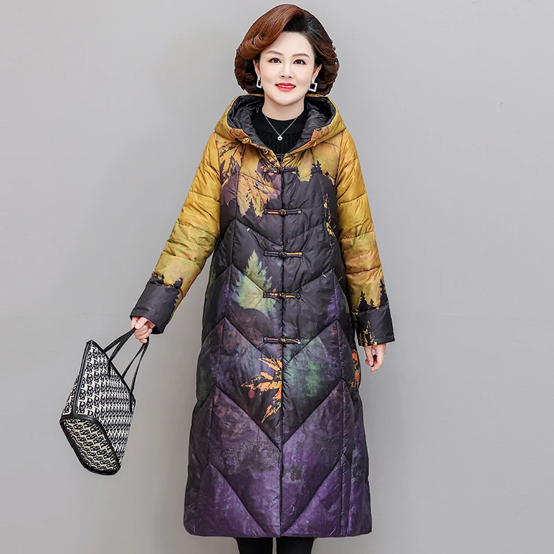 Chinese style Vintage Single Breasted Ultra Light Down X-long Coat Winter Women White Duck Down Jacket  ink painting Outwear