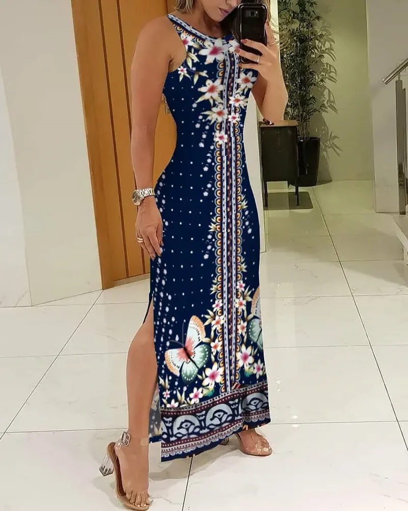 

Women's Beach Dress 2024 Spring Summer Latest Sexy O-Neck Floral Butterfly Print Slit Sleeveless Maxi Dress Vacation Long Skirt