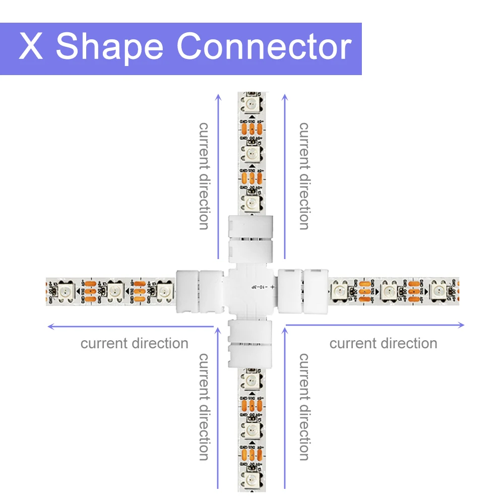 Conector de tira LED com solda livre, L, T, X Shape, 2PIN, 3PIN, 4PIN, 5PIN Corner Connect, 10mm, WS2811, WS2812, 5050, fita leve RGB