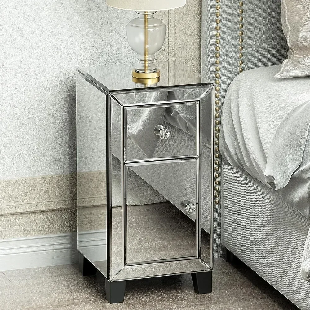 Muiity Mirrored Nightstand with Drawer & Cabinets, Modern Silver-Finish Bedside End Tables for Bedroom, Living Room, Entryway