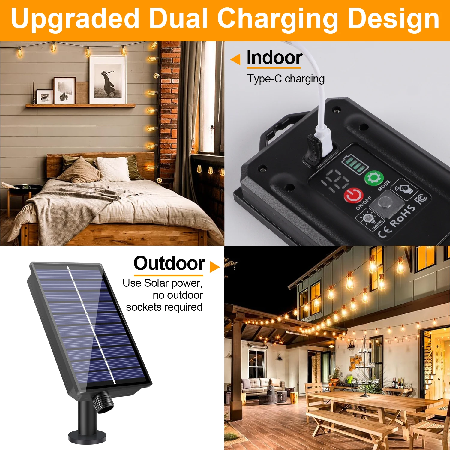 Solar Globe LED String Lights G40 Patio Light USB Recharger 8 Light Modes Remote Control Garden Solar Weatherproof Hanging Light