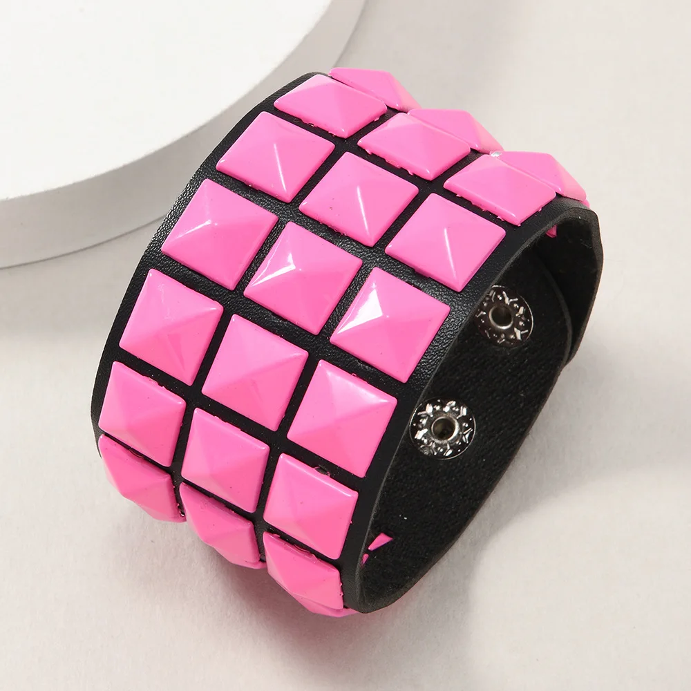 Pink Studded Bracelets for Men Women Pyramid Stud Cuff Bracelet Leather Wristband Y2K Scene Emo Jewelry Accessories