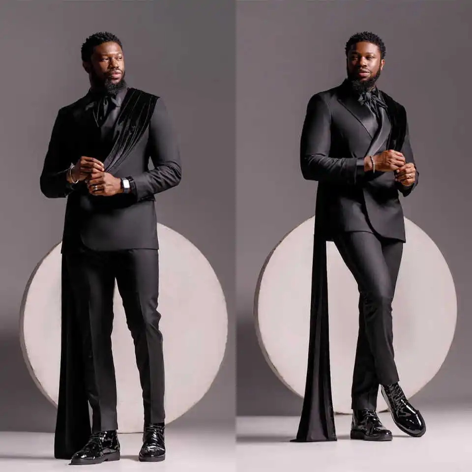 

Формальные мужские смокинги в полоску по индивидуальному заказу, двубортные деловые свадебные брюки для жениха, костюмы, модная одежда для показа, комплект из 2 предметов