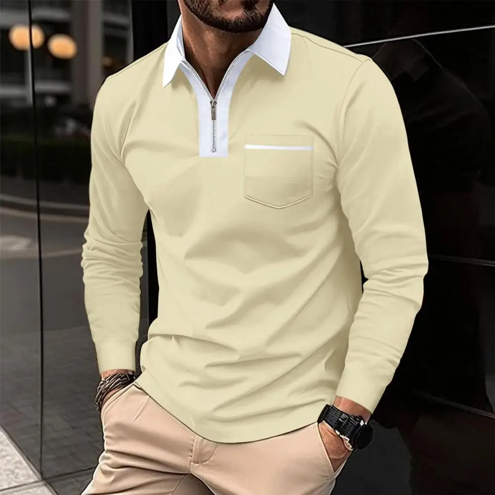 Men Shirt Top Spring Autumn Long Sleeve Lapel Collar Male Top With Pocket Sweat Absorbing Half-zippered Male Pullover Shirt