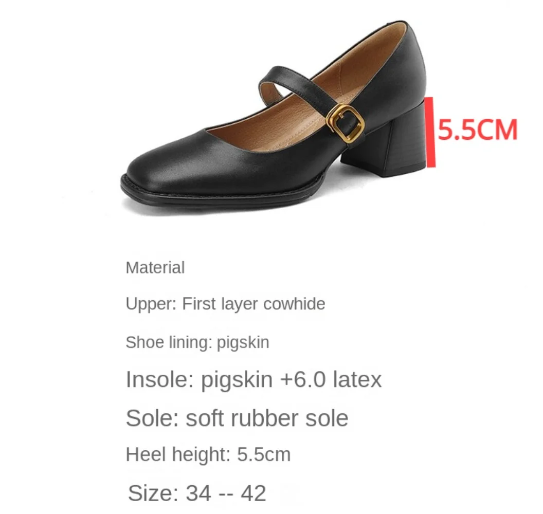 2024 New Cow Leather Women Dress Shoes Chunky Heel Retro Mary Janes Shoes Shallow Round Toe Pumps Ankle Strap Ladies Office Shoe