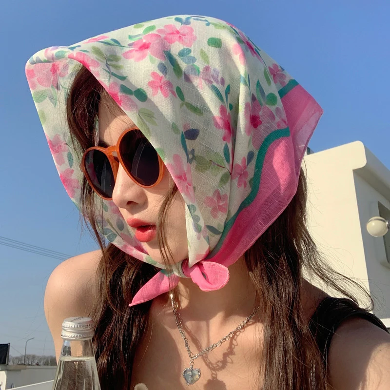 2026New unisex cotton-linen small square scarf sweet cute floral neck scarf lightweight, breathable,sun-protective