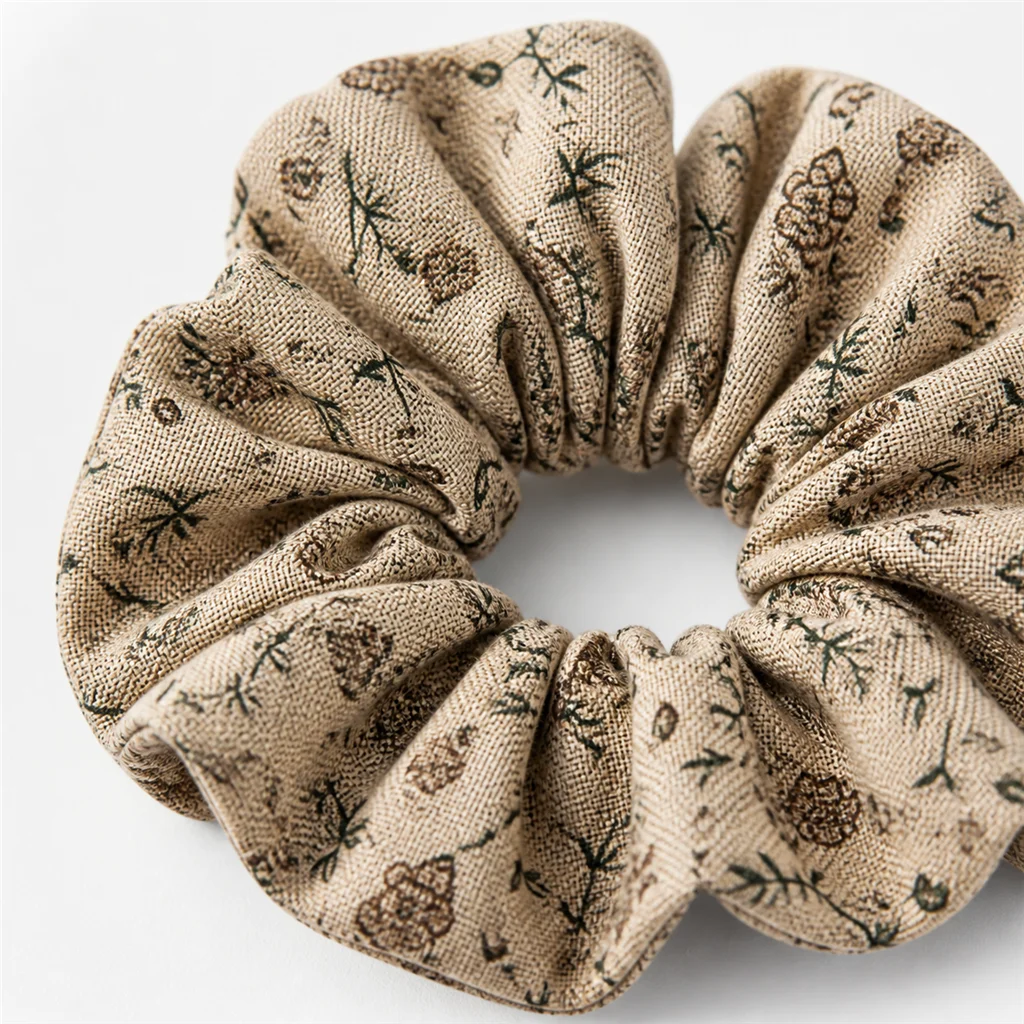 Khaki Wishing Garden Petite Floral Single-Layer Scrunchie Handmade Elastic Hair Tie for Ponytail and Bun 4