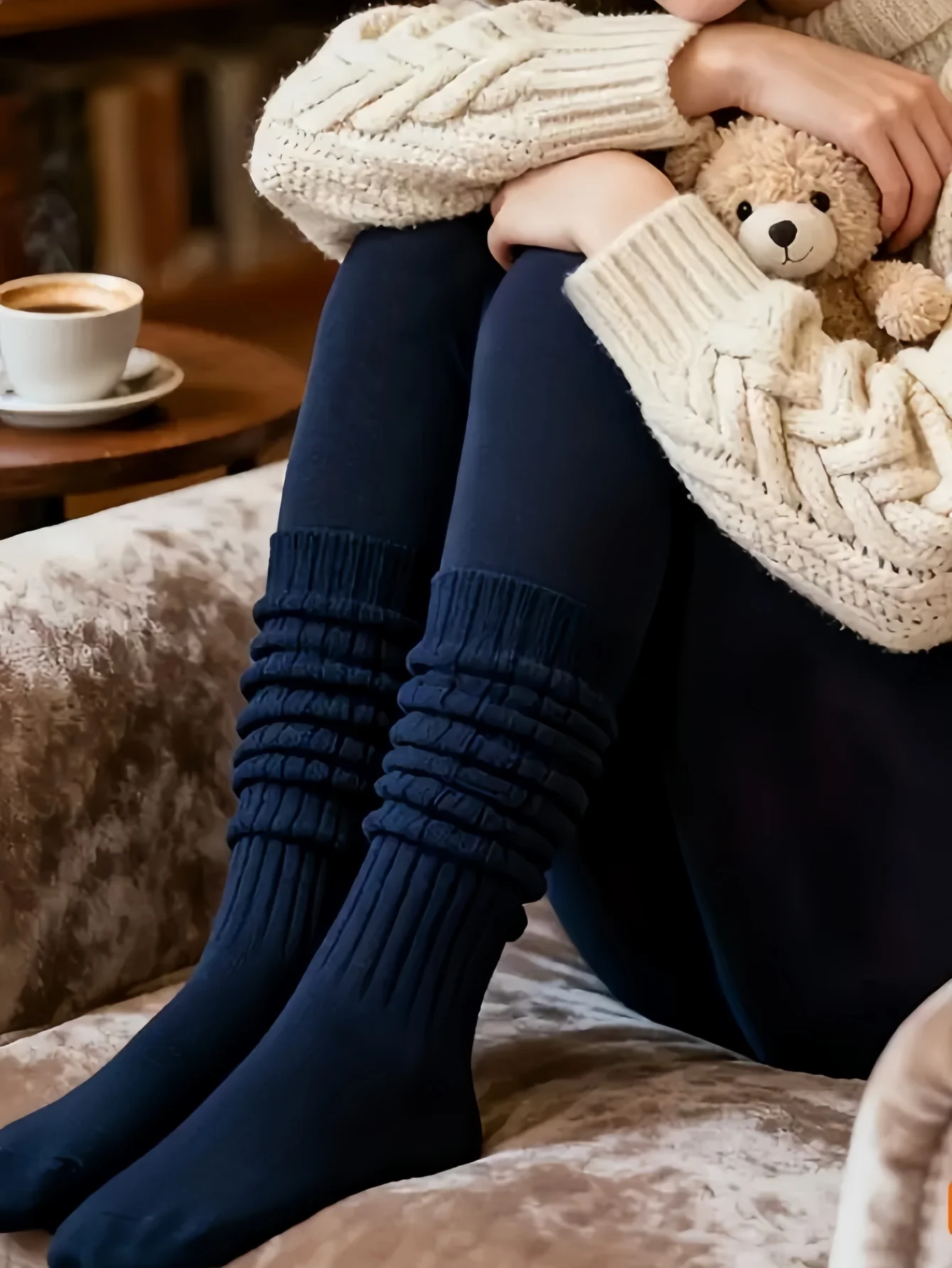 Women‘s Navy Blue Fleece-Lined Leggings, Snag-Resistant Thermal Fashionable Pants for Daily Commute and Casual Outings