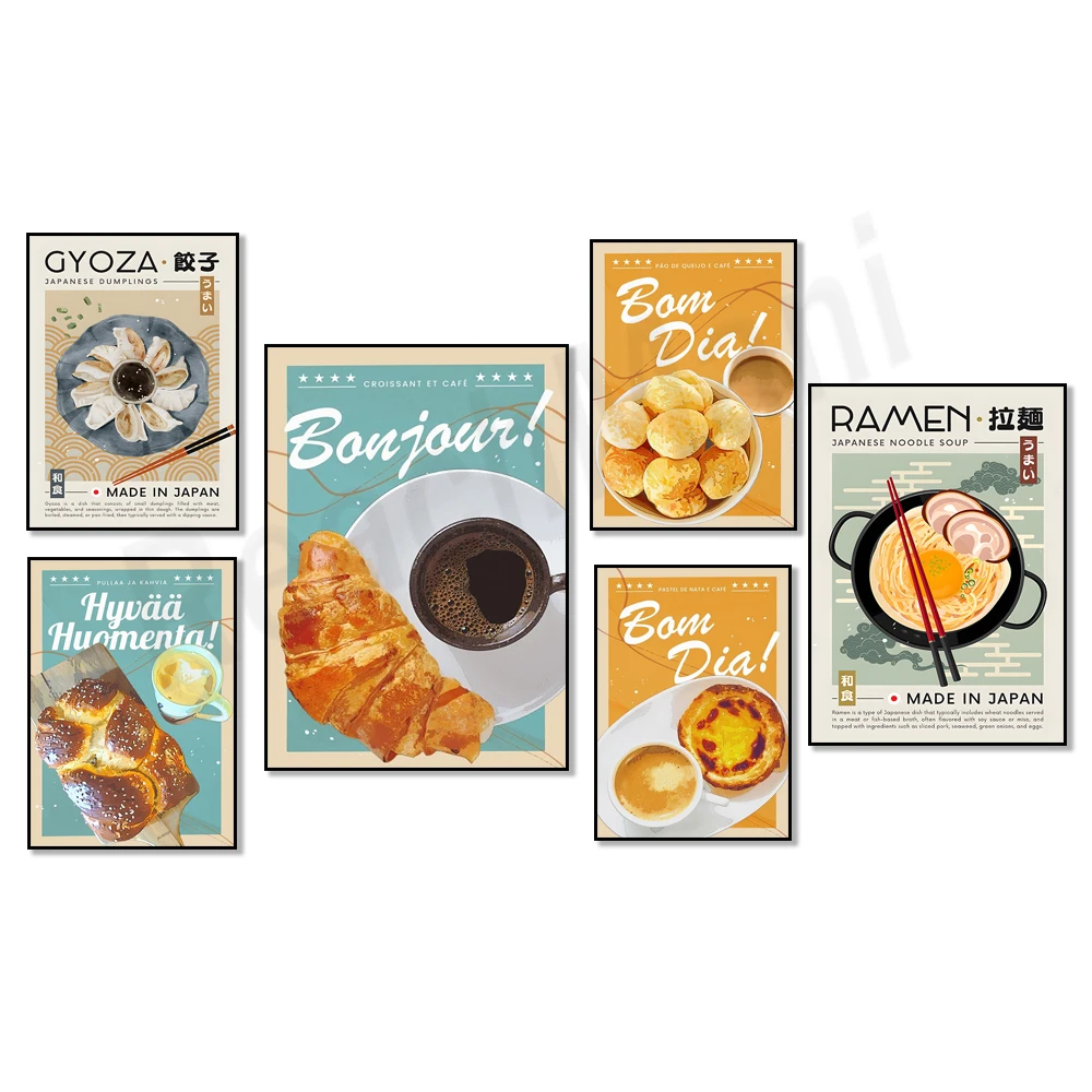 Póster de Pulla & Coffee, pan finlandés, pan de queso brasileño, tarta de huevo, ramen japonés, bola de masa, bom dia, decoración de restaurante