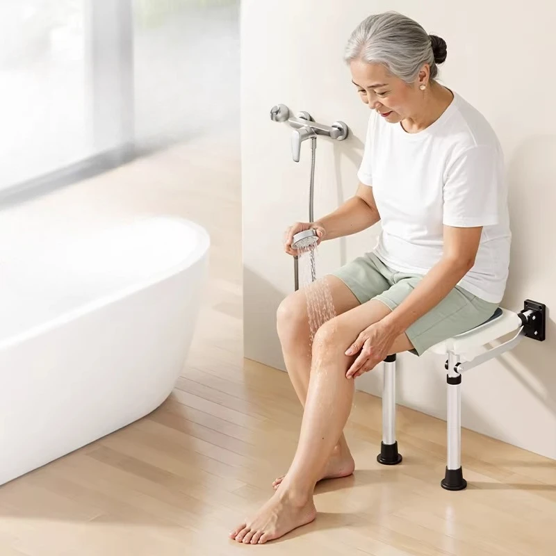 Wall-Mounted Folding Shower Seat Shower Stools with 5-Level Height Adjustable Bath Chairs with Anti-Slip Cushion for Seniors