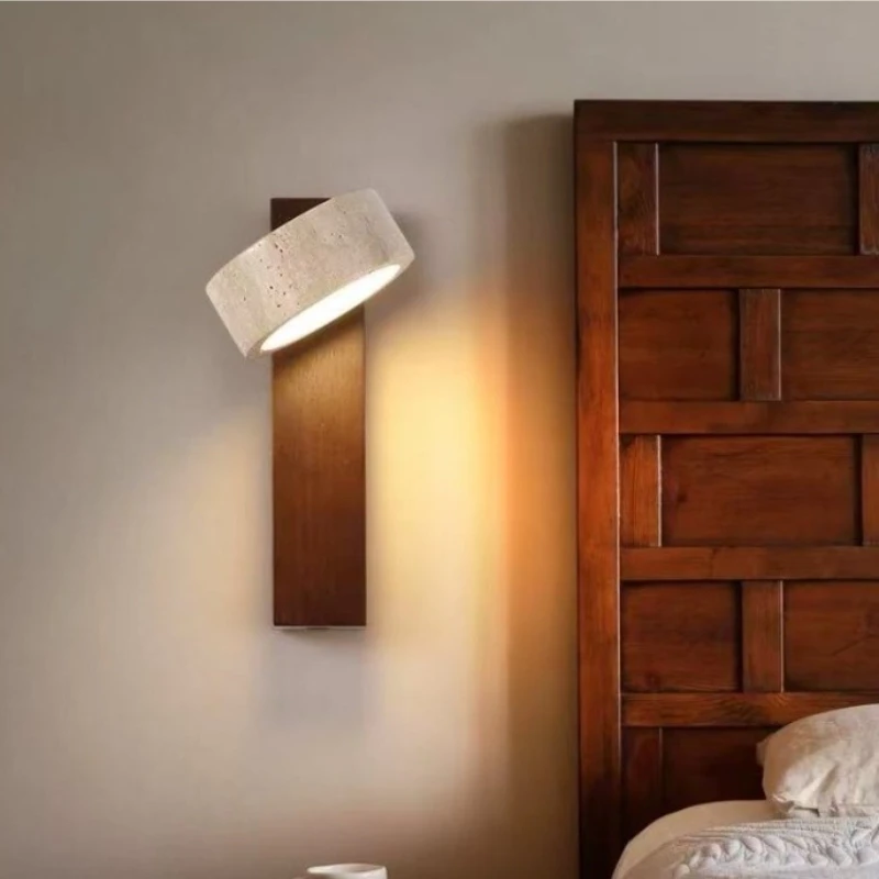 Cream Style Bedroom Bedside Wall Lamp With Pull Switch Wire Rotatable Led Light Stone Homestay Log Wood Walnut Soft Down Lights