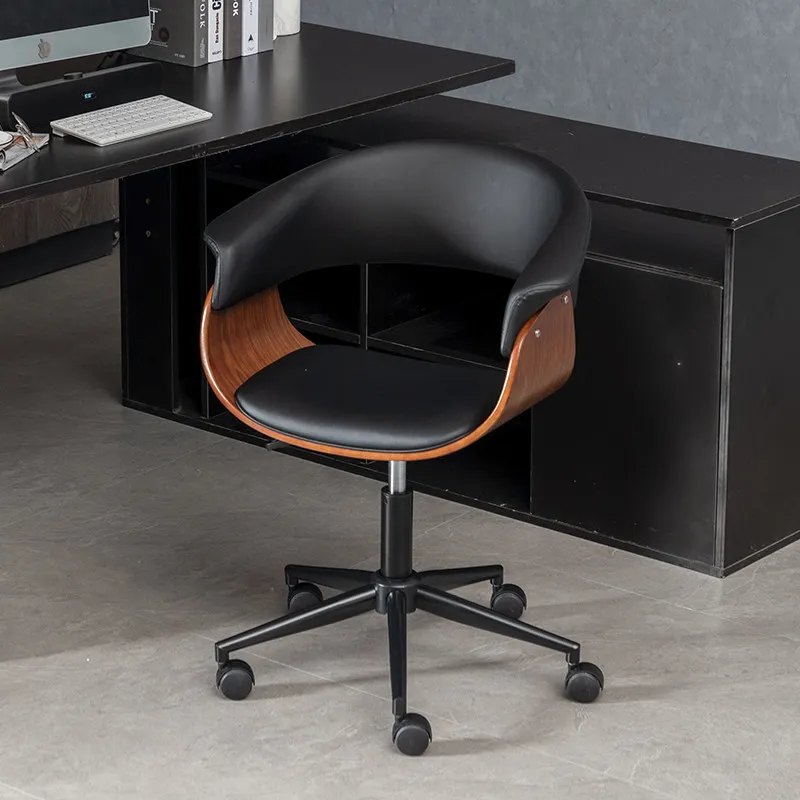 Solid Wood Chair, Light Luxury PU 360° Rotating Computer Chair, Adjustable Height Office Chair with Steel Legs