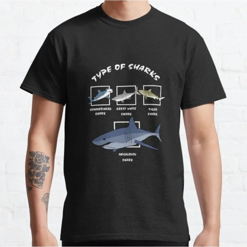 

Types Of Sharks Educational Shark Short Sleeve t shirt Vintage Graphic Tee 100% cotton printed clothes All size Tops S-6XL