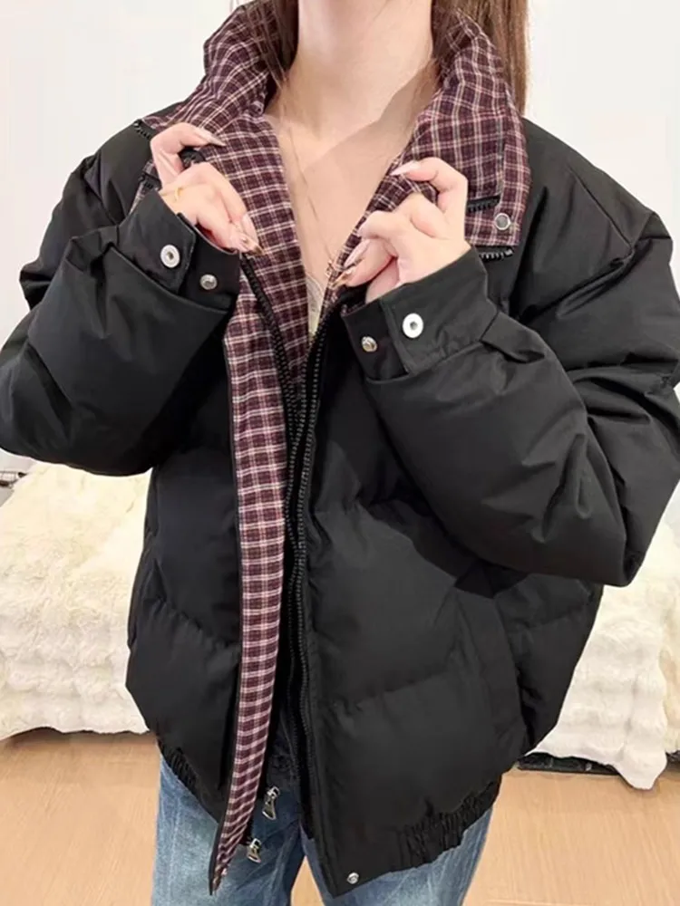 

Plaid Patchwork Fake Two-Piece Cotton Jaet Men's And Women's Winter High-End ort Bread Sle College Windbreaker Cotton Coat