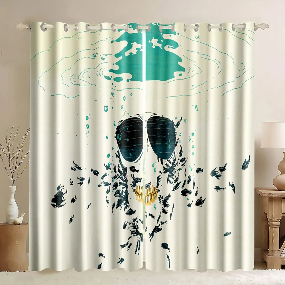 

Dead Skull Blackout Curtains,Underwater Scary Gothic Skeleton Fish Fantasy Bohemian Halloween Skeleton Bones Window Curtains