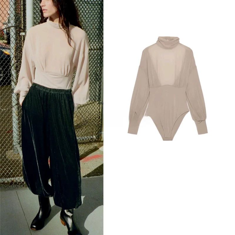 

Winter New Women's Simple High Collar Bubble Long Sve Georgette One-Piece Design Commute Sle High Waist ort Polyester ...