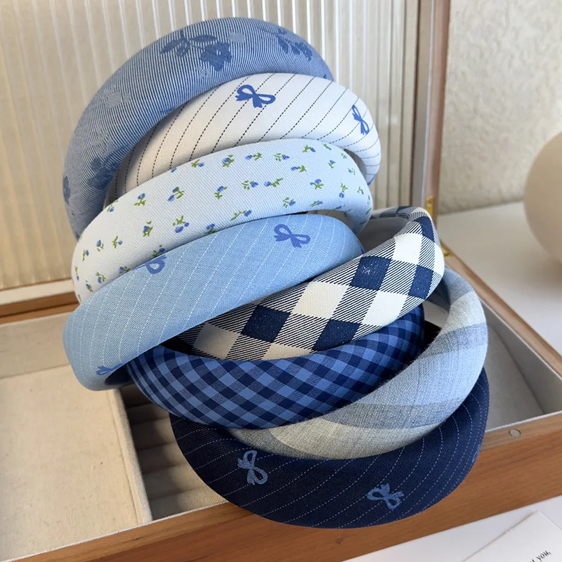 عصابة رأس إسفنجية على شكل فيونكة منقوشة باللون الأزرق للنساء والفتيات على طراز الكلية، عصابة رأس أنيقة وجميلة على الموضة الكورية بحافة واسعة #3