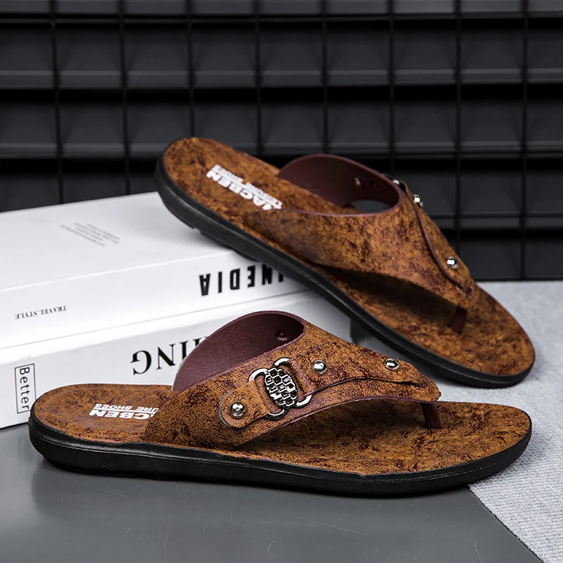 

Лидер продаж, мужские шлепанцы, мужские шлепанцы из натуральной кожи высокого качества, новые летние пляжные сандалии, модная мужская повседневная обувь на мягкой подошве