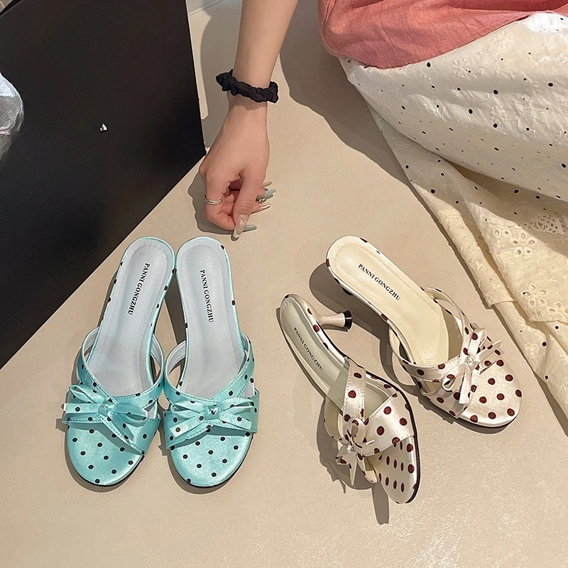 

High-heeled Slippers Women's 2026 Summer New Bow-knot One-word Light Stiletto Shoes