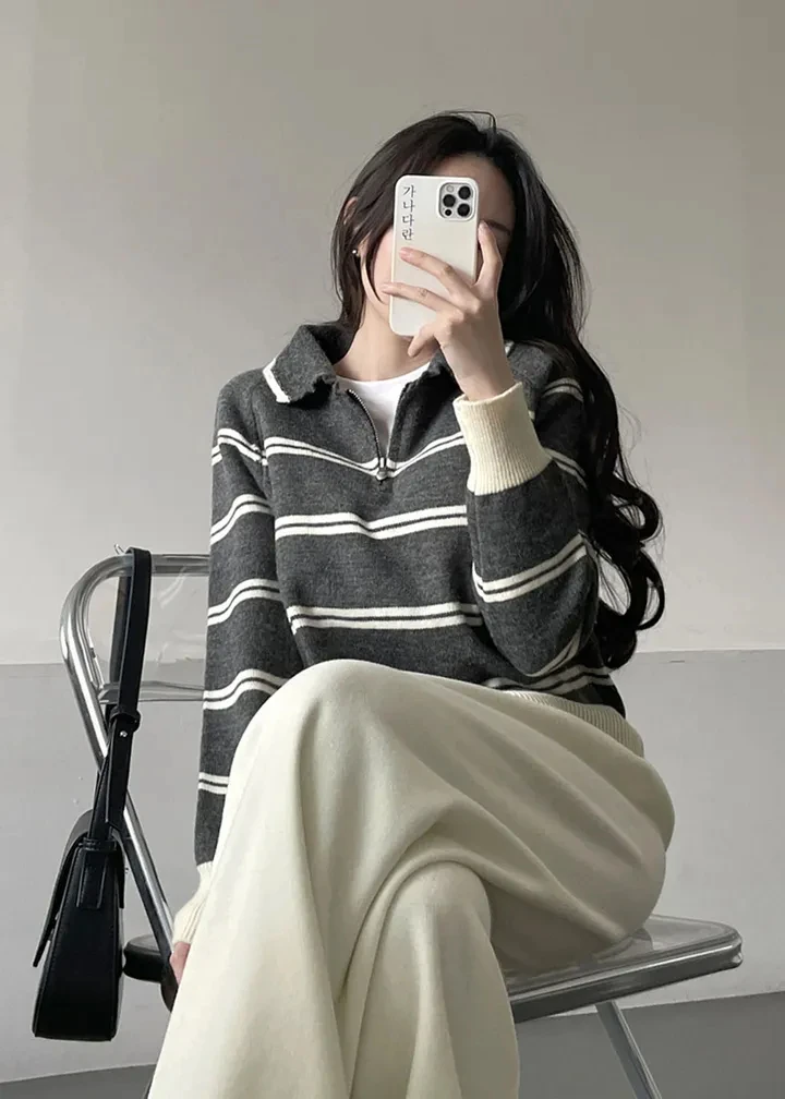 Korean Style Lazy Striped Zipper Color Block Long Sleeve Women's Soft Sweater Autumn Winter New Design Knitted Shirt