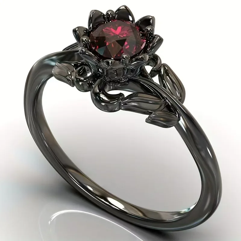 

European and American fashion new black-plated gun burgundy zircon inlaid flower shape women's personalized ring
