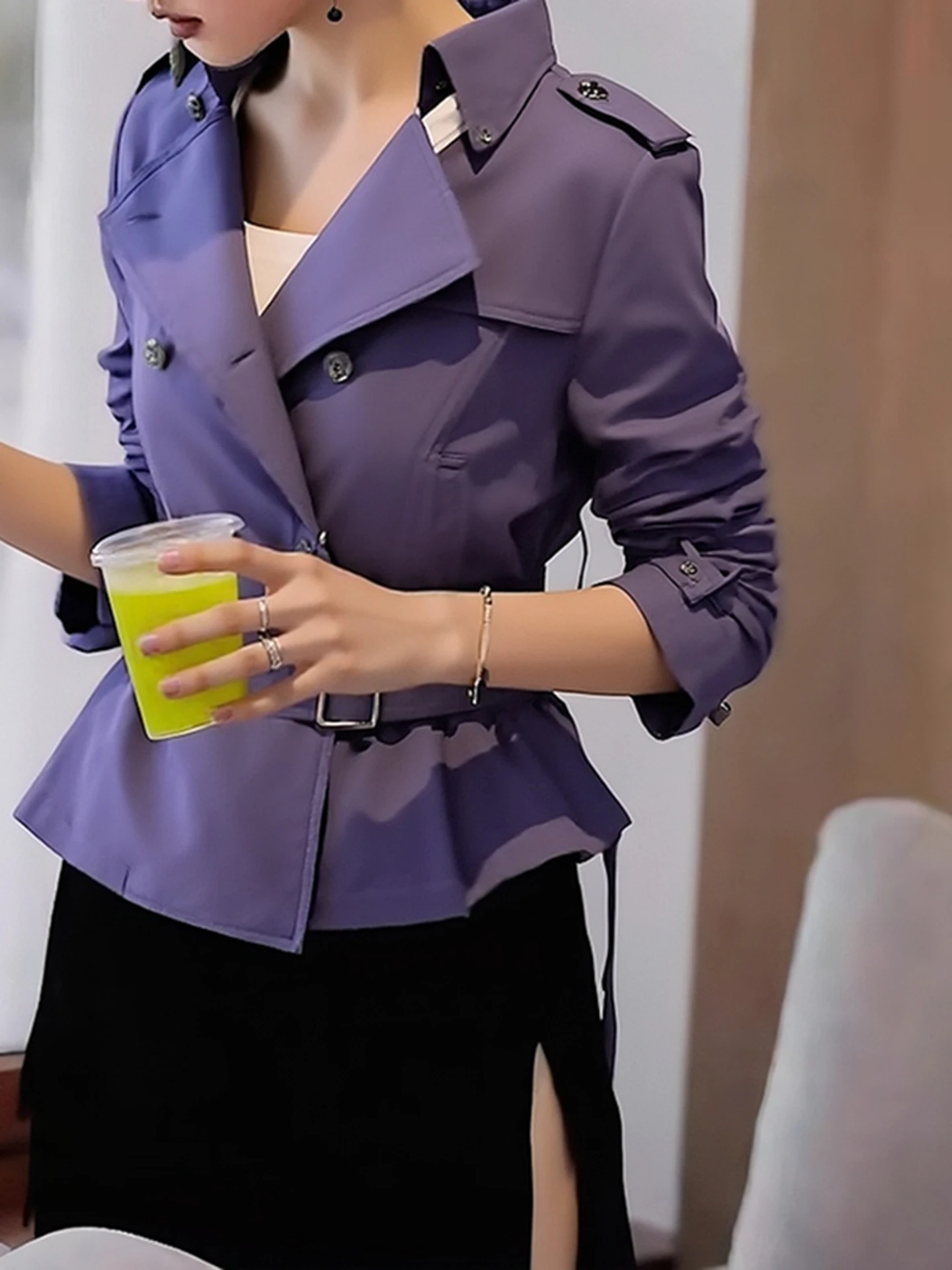 엘레 오르트 퍼플 더블 브레스티드 여성 재킷 봄 가을 출퇴근 디자인 경량 허리 조임 탑