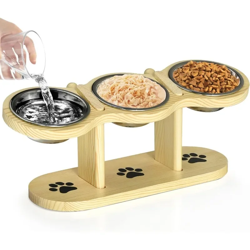 Pet cat bowl solid wood raised cat bowl holder, adjustable to protect cervical spine cat bowl holder