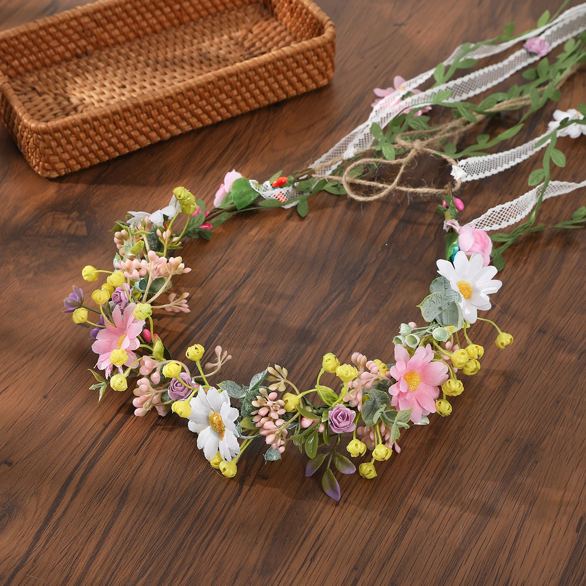 Haimeikang Bohemian Rattan Flower Lace Vines Crown Headband for Bride Wedding Hair Accessories Girls Floral Wreath Head Band