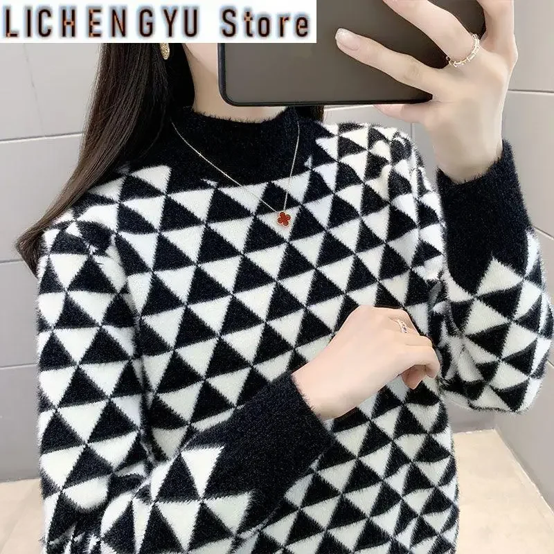 الخريف والشتاء المرأة مفصلية Argyle نصف الياقة العالية كم طويل الصوف البلوزات لاعبا بلوزات الموضة غير رسمية